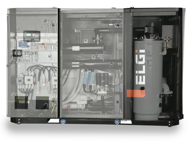 Raio-X interno do compressor de parafuso ELGi Série EG 90 a 160 kW