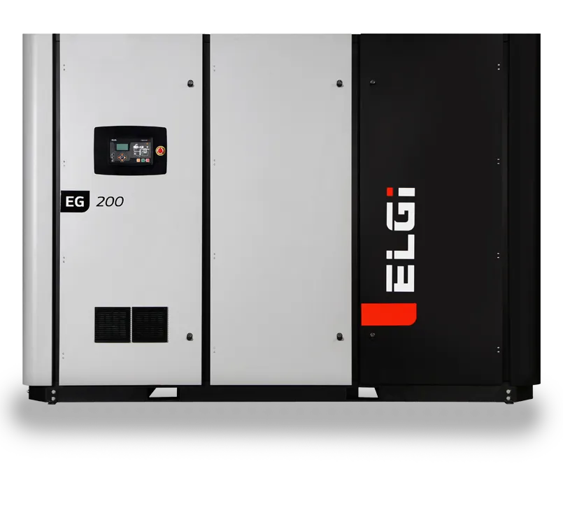 Compressor de ar industrial ELGi Série EG 185 a 220 kW operando em sala de máquinas de alta demanda