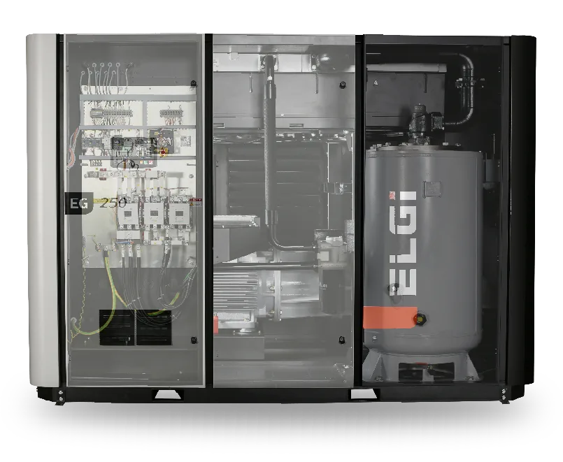 Interior do compressor de ar parafuso lubrificado ELGi Série EG 185-220 kW com identificação dos principais componentes