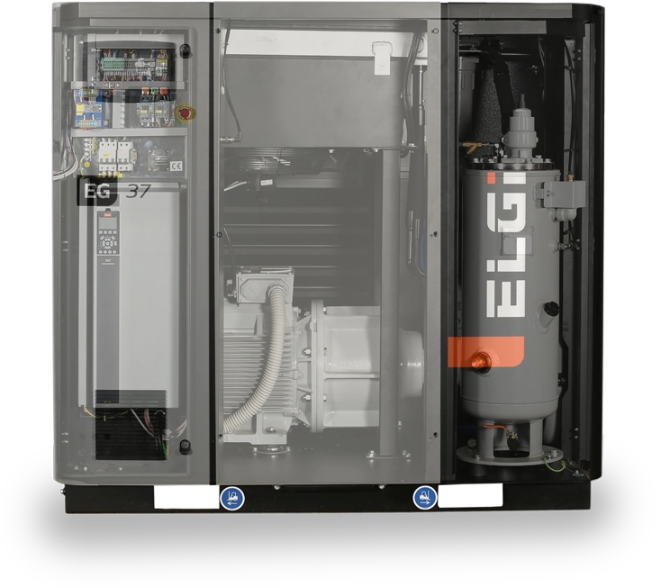 Interior do compressor de parafuso lubrificado ELGi Série EG 11 a 75 kW com componentes técnicos