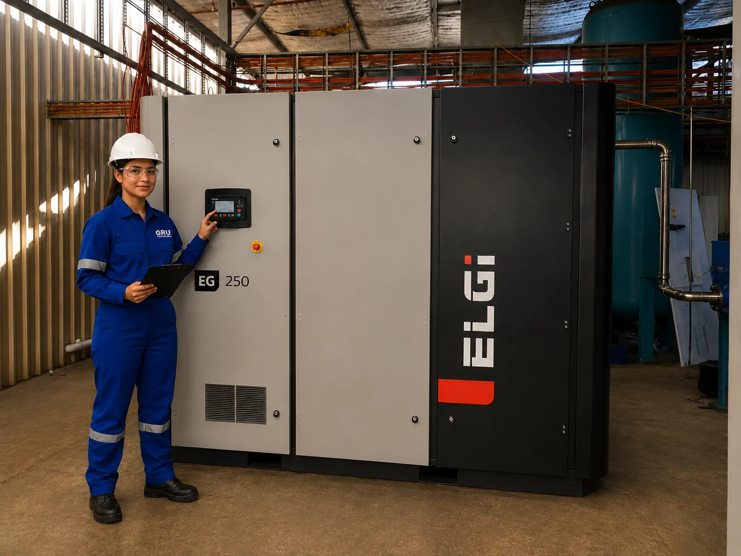 Compressor da linha EG instalado em uma sala de máquinas industrial limpa e estruturada