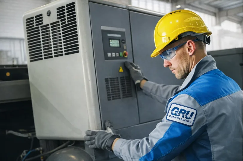 Técnico da GRU Compressores realizando diagnóstico em sistema de ar comprimido industrial