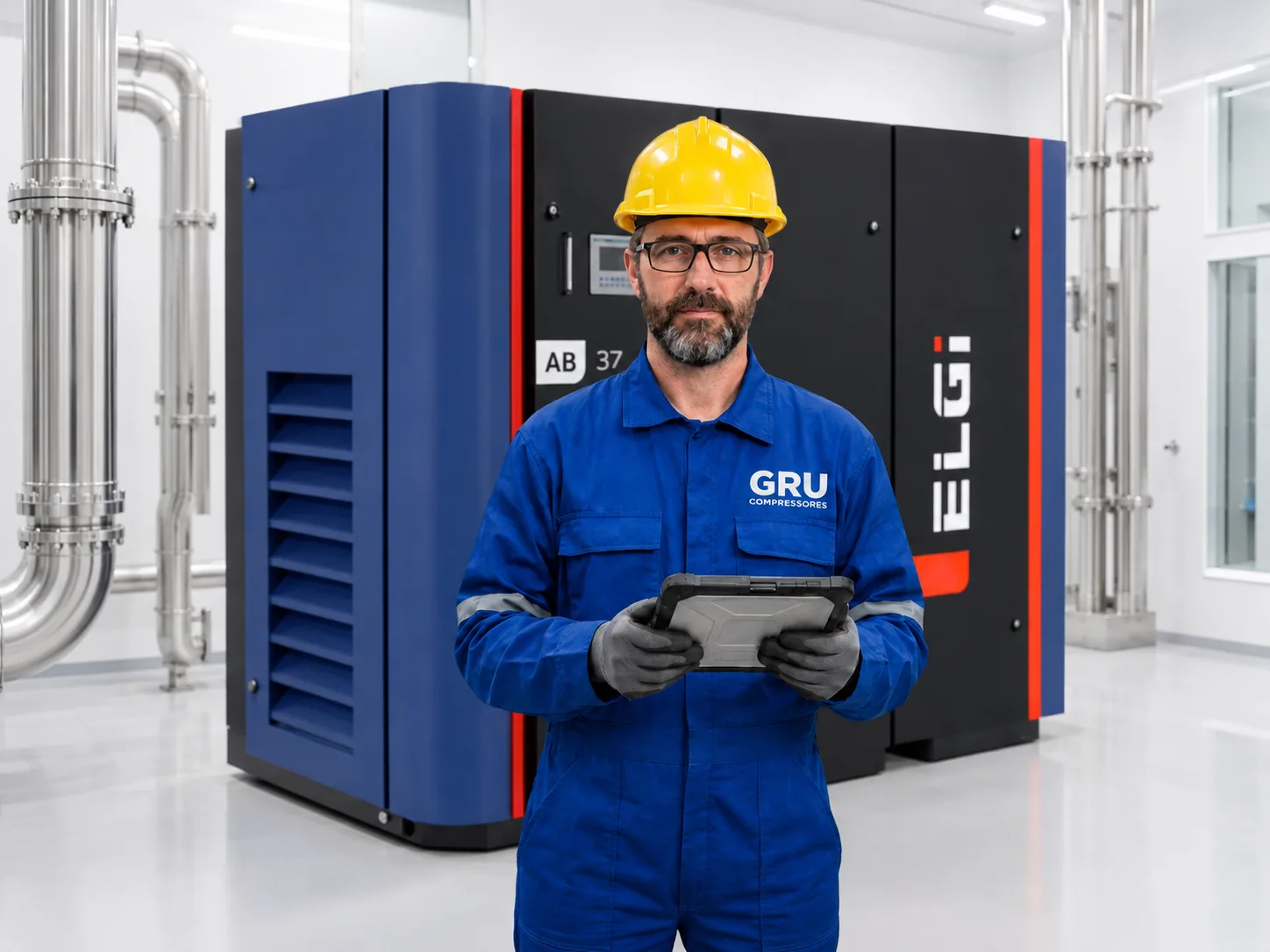 Técnico da GRU Compressores realizando manutenção preventiva em compressor industrial
